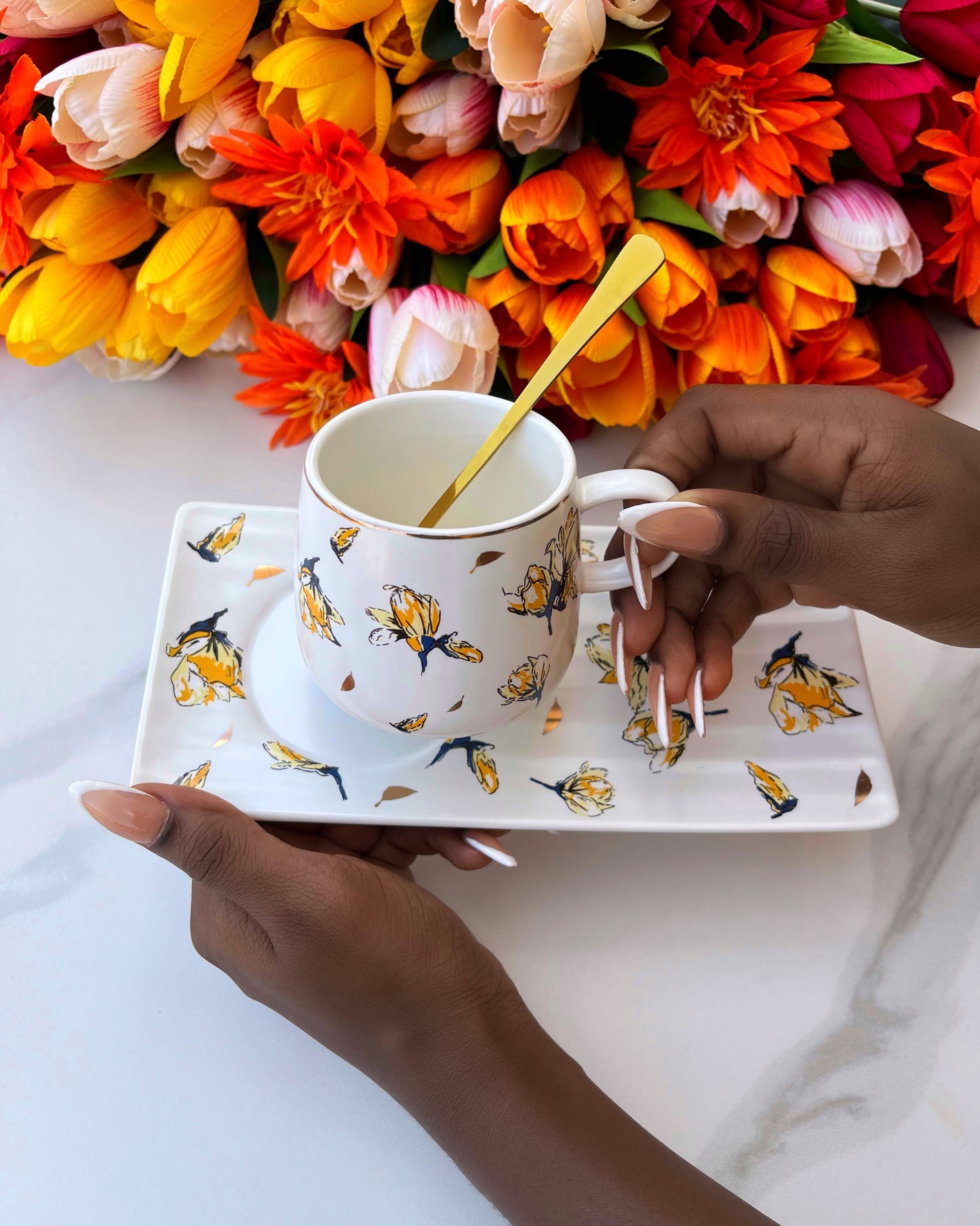 Floral Mug and Saucer (Yellow leaves)