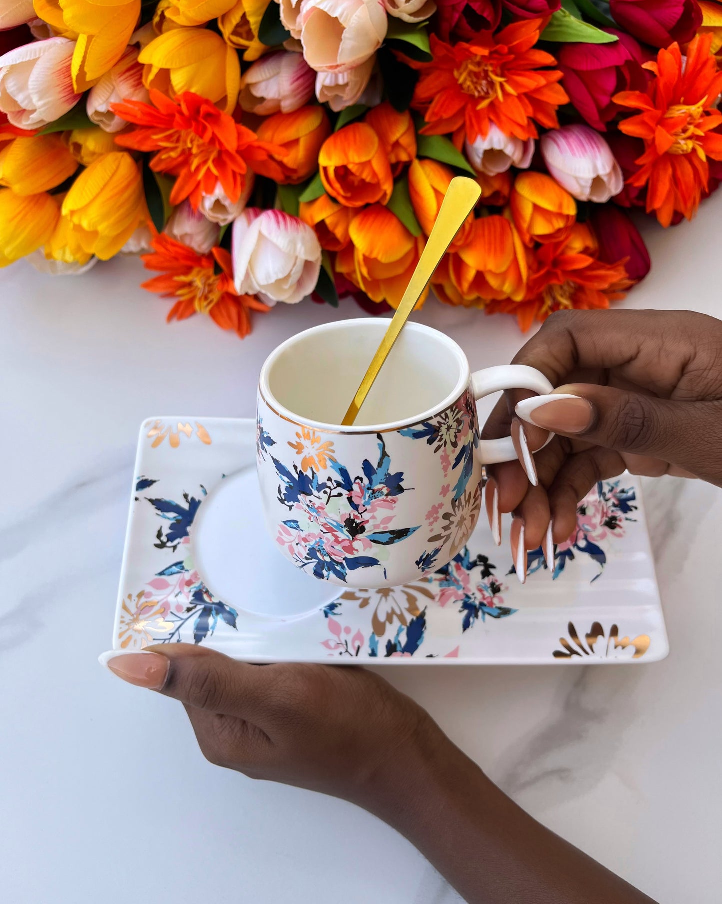 Floral Mug and Saucer (Blue leaves)