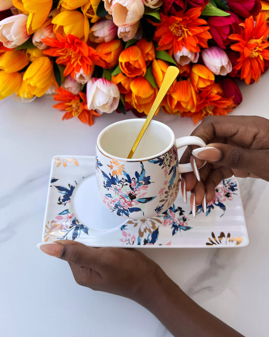 Floral Mug and Saucer (Blue leaves)