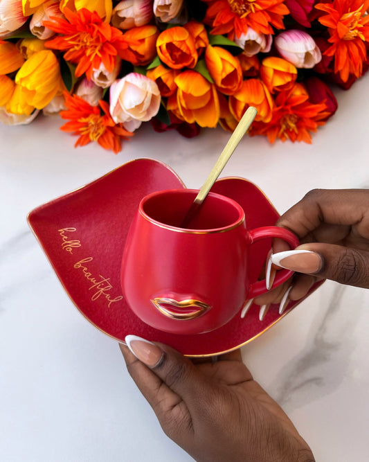 Lip Mug and Saucer (Red)