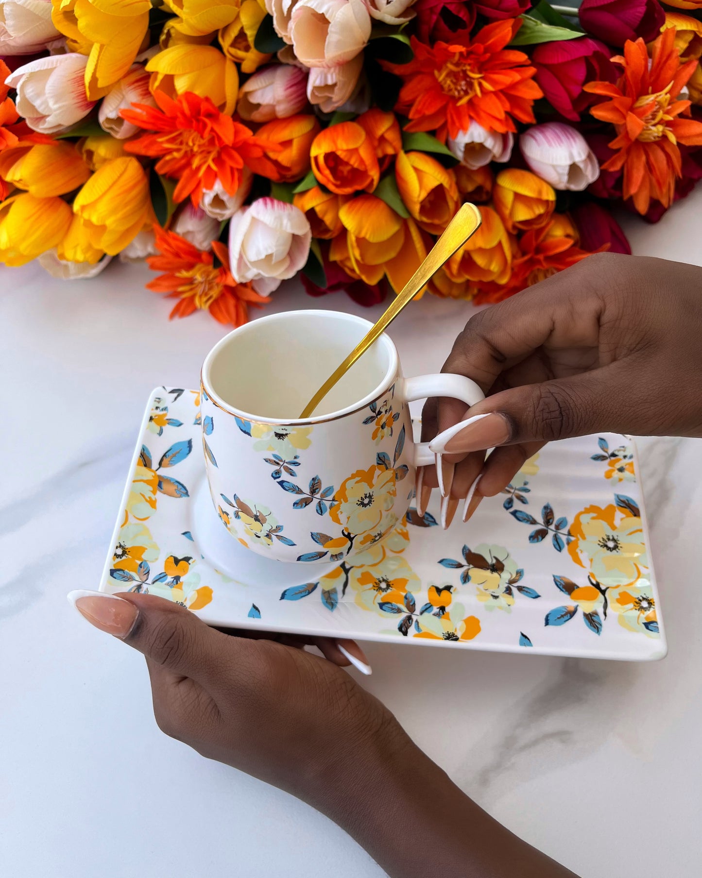 Floral Mug and Saucer (Yellow flowers)