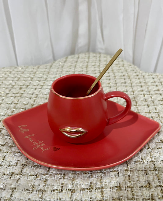 Lip Mug and Saucer (Coral)